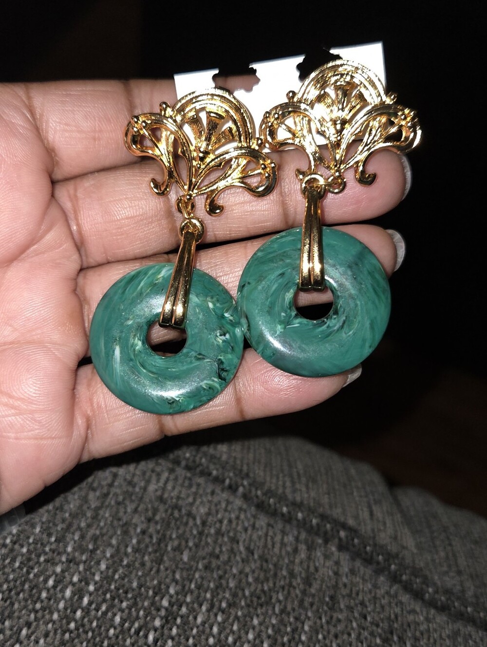 Vintage AVON Drama Earrings Faux Jade Dangle Drop Chandelier Door Knocker Fleur